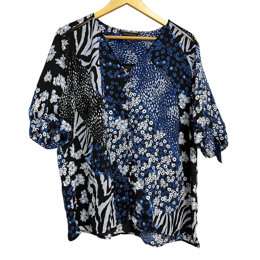 Investments Blouse Womens XL Blue Mixed‎ Floral Zebra Button Front Tie Sleeve